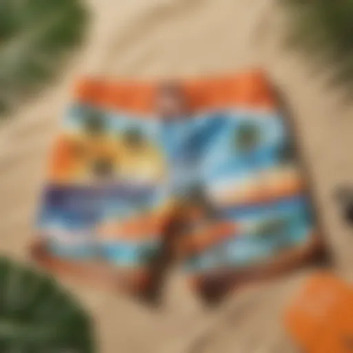 Vibrant board shorts displayed on a tropical beach