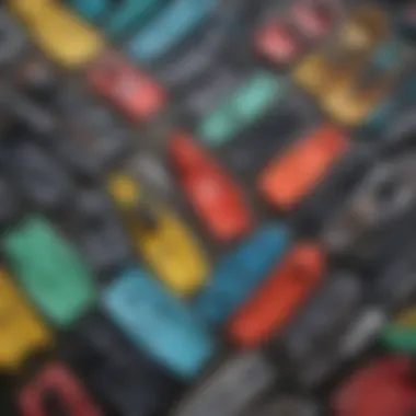 Different types of bodyboard flippers arranged for comparison