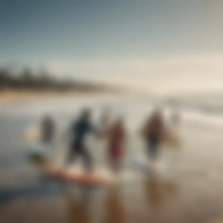 Diverse group of surfers utilizing training apps on the beach