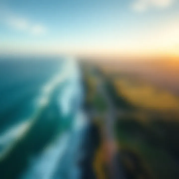 An aerial shot of a stunning coastline featuring multiple surf breaks.