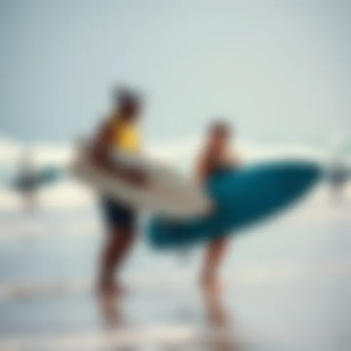 A local surf instructor guiding a novice surfer on the beach.