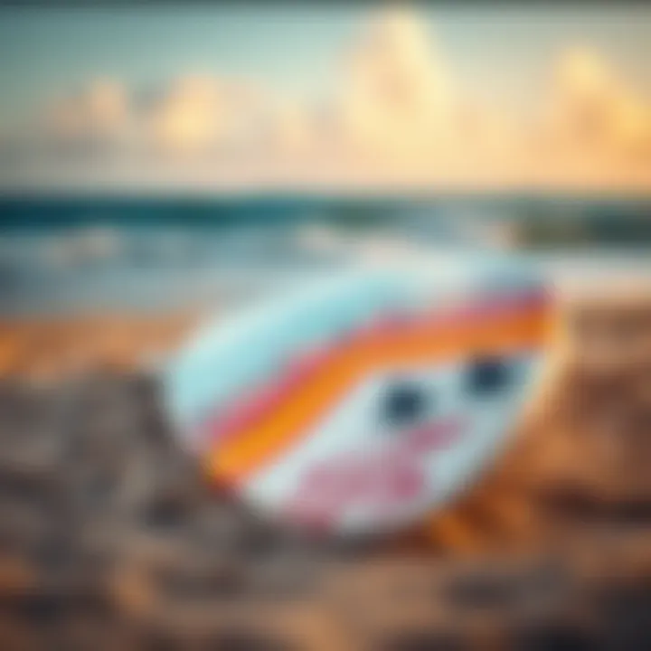 A close-up of a surfboard with vibrant designs resting on the sandy beach.