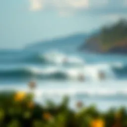 A picturesque view of surfers riding waves at a popular beach in Costa Rica.
