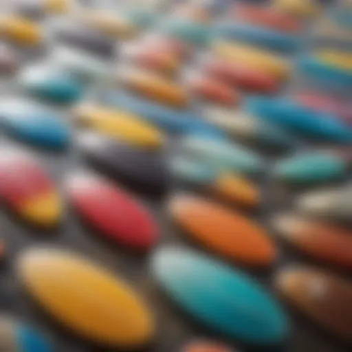 A close-up view of various epoxy resin types available for surfboard construction.