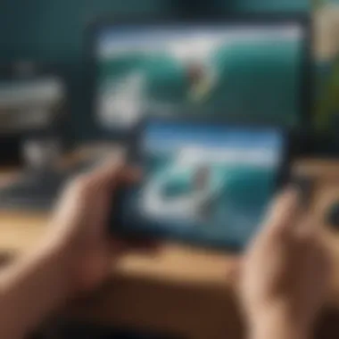 A detailed view of various surfing game interfaces on multiple devices.