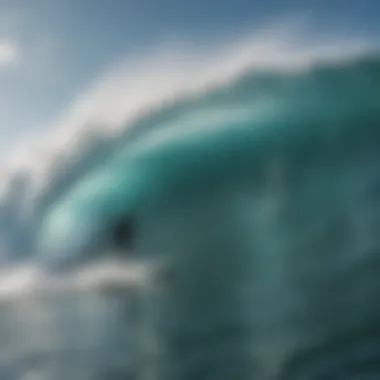 A stunning virtual surf simulation showcasing a surfer riding a massive wave.