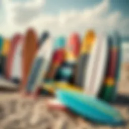 A vibrant selection of body boards on the beach showcasing various designs
