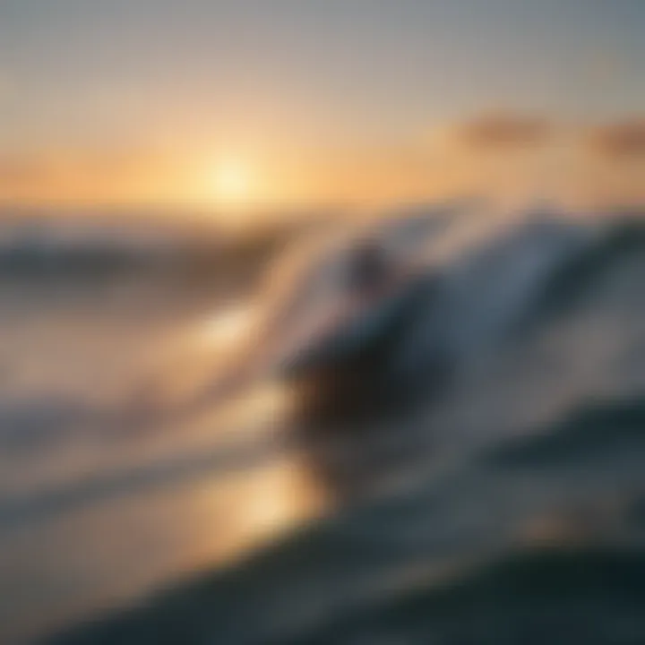 A hydroplane surfboard gliding over ocean waves during sunset