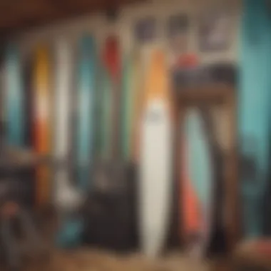 A detailed shot of various surf rental gear on display