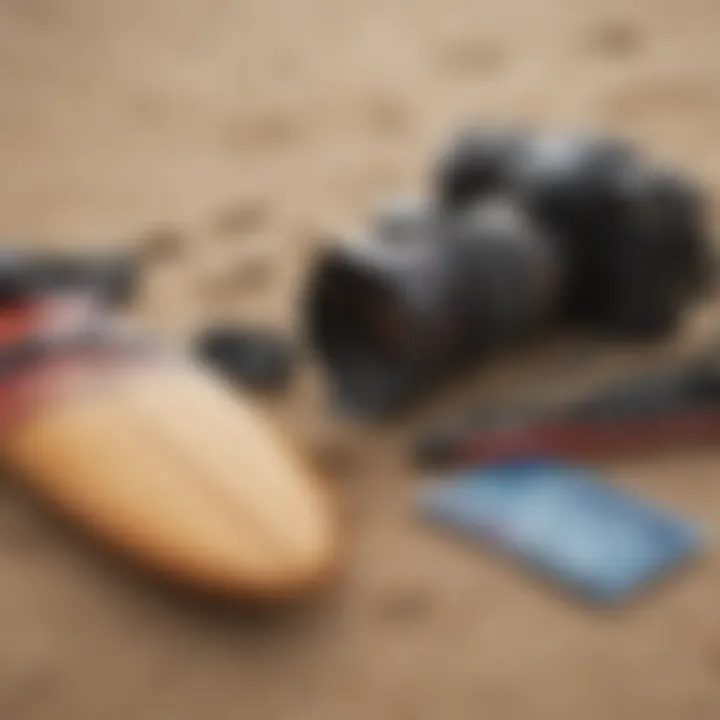 Close-up of surfing equipment laid out on the sandy beach