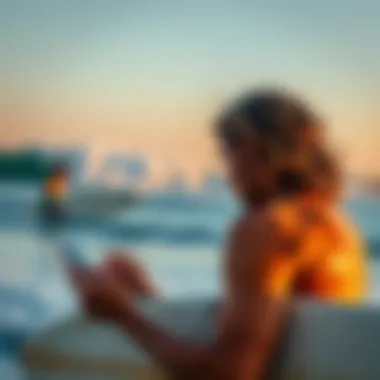 Surfer checking local surf report on a mobile device