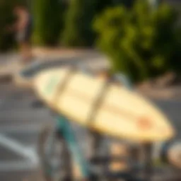 A longboard surfboard secured on a bike rack during a coastal adventure