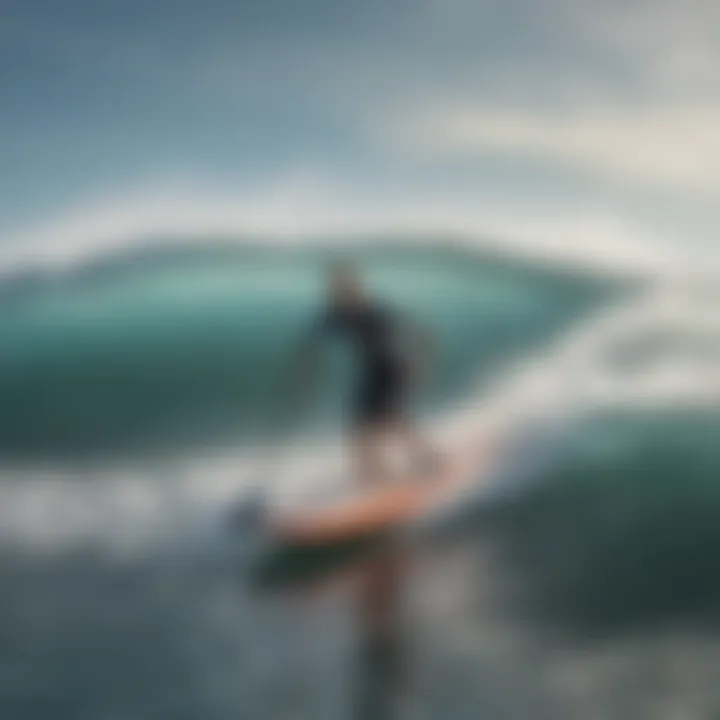 A dynamic scene of athletes competing in a paddle race against a backdrop of stunning ocean waves.