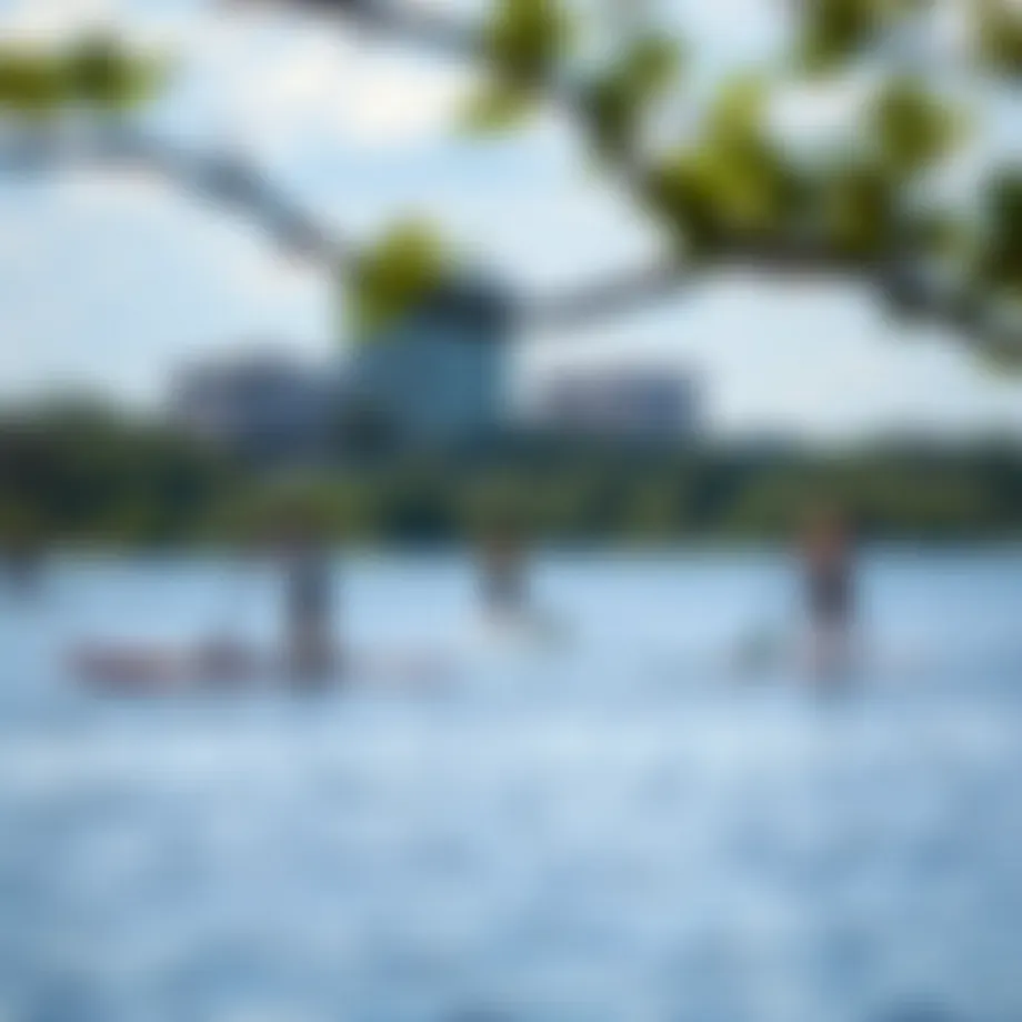 Scenic view of Lady Bird Lake with paddleboarders