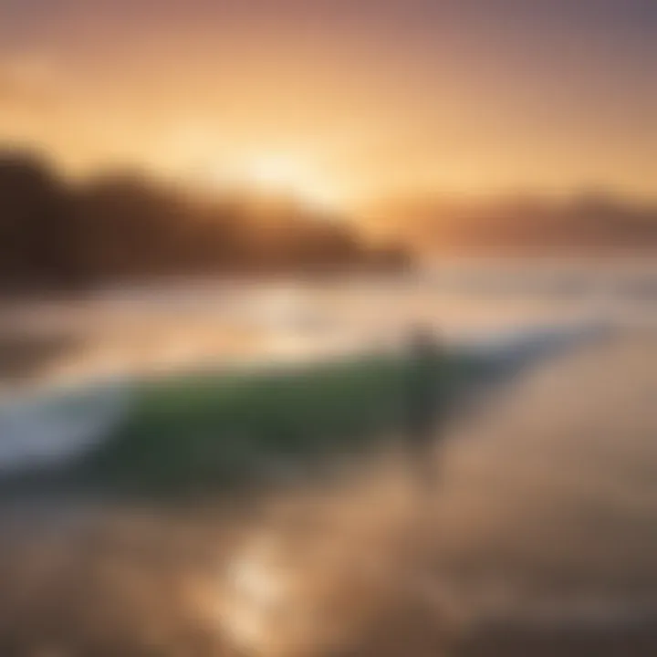 Surfers riding the waves at Baker Beach during a vibrant sunset