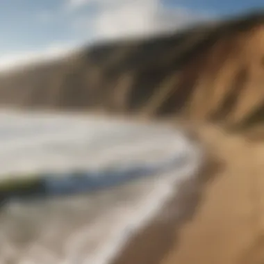 A panoramic view of Fort Funston, showcasing its rugged cliffs and surf conditions