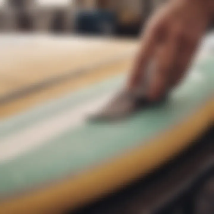 A close-up of surfboard repairs showcasing tools and techniques