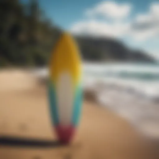 A vibrant second hand surfboard displayed against a scenic beach backdrop