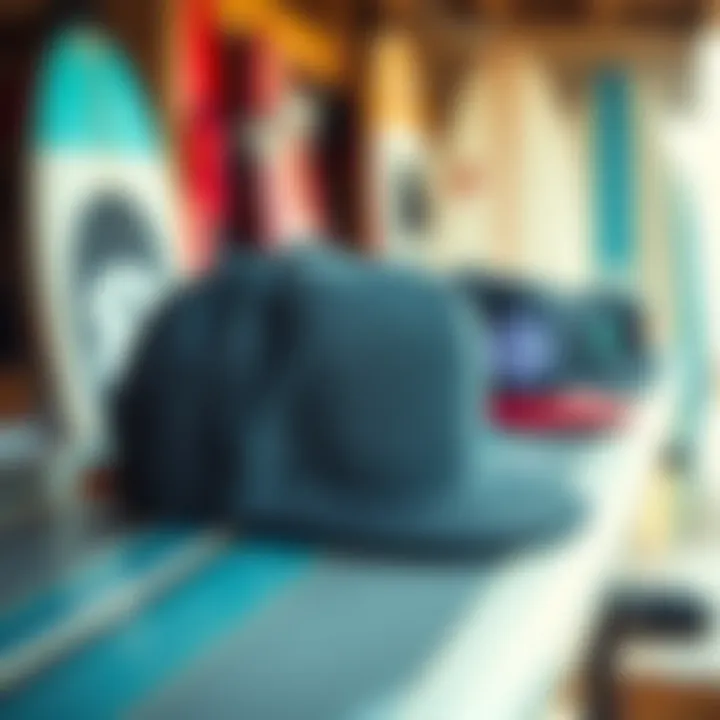 Stylish snapback hats displayed on surfboards
