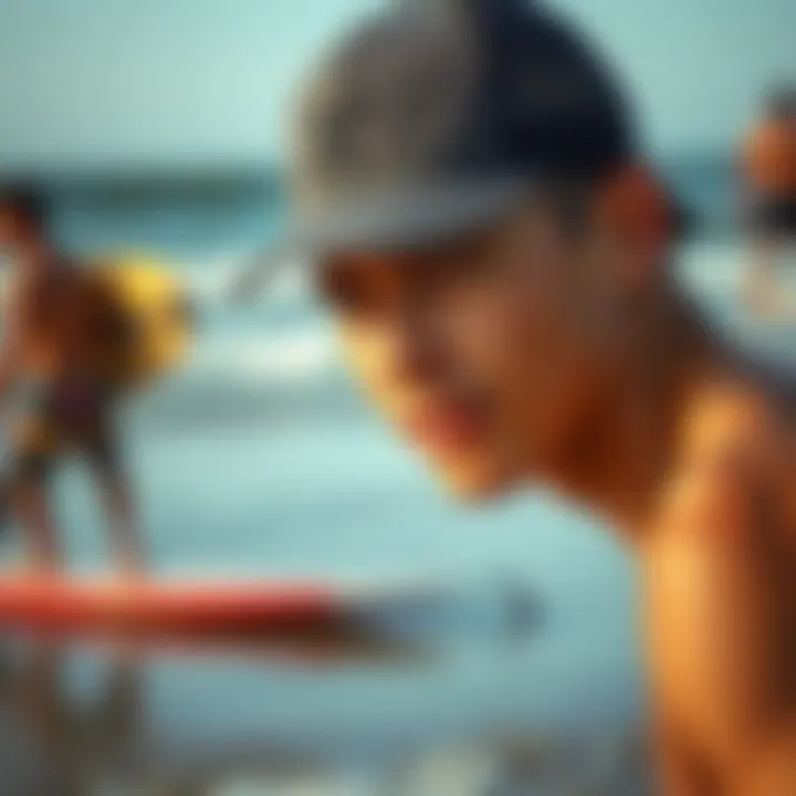 A surfer wearing a snapback hat on the beach