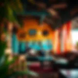 A welcoming surf hostel with vibrant decor and surfers relaxing