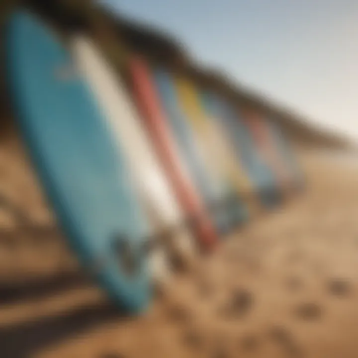 Surfboards lined up on the sandy beach, ready for the day's lessons.