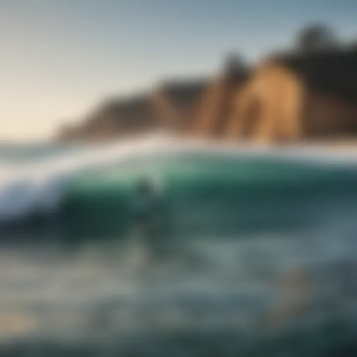 A scenic view of surfers riding the waves in the Algarve coastline.