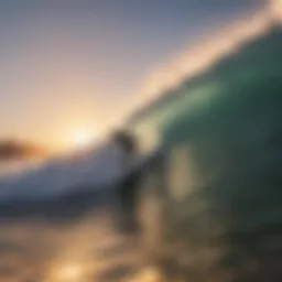 Surfer catching a wave at sunset