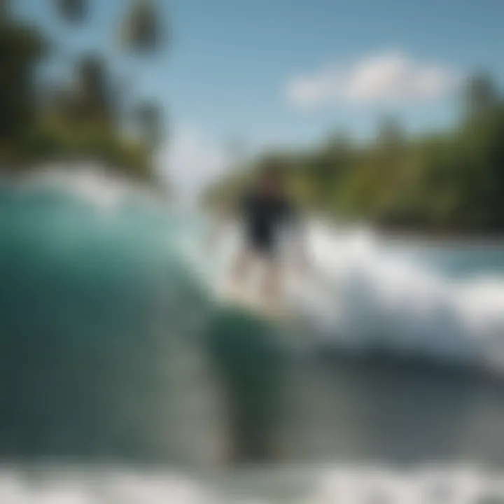 A surfer riding a wave in a picturesque setting