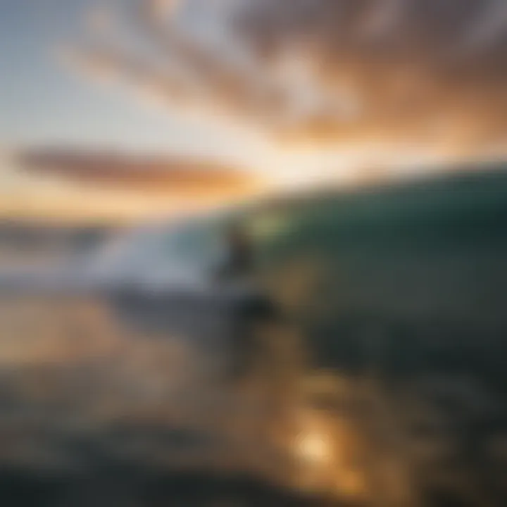 A surfer catching a wave at sunset in Lahaina