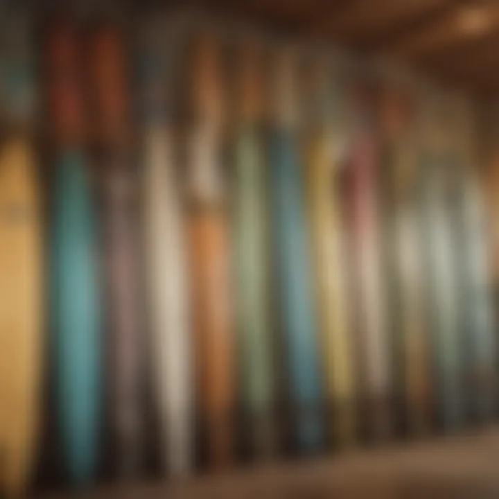 Variety of surfboards displayed at a local rental shop