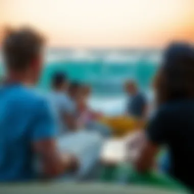 A scenic depiction of a community of surfers engaging with a surfing game together
