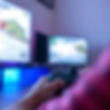 Engaging in Surfing Gameplay A close-up of a gaming controller with surfing game graphics displayed on a screen