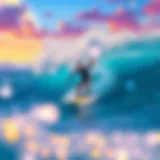 A vibrant illustration of a surfer riding a virtual wave in an immersive gaming environment