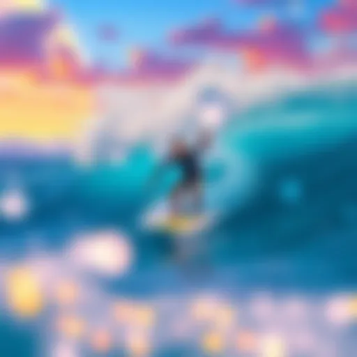 A vibrant illustration of a surfer riding a virtual wave in an immersive gaming environment