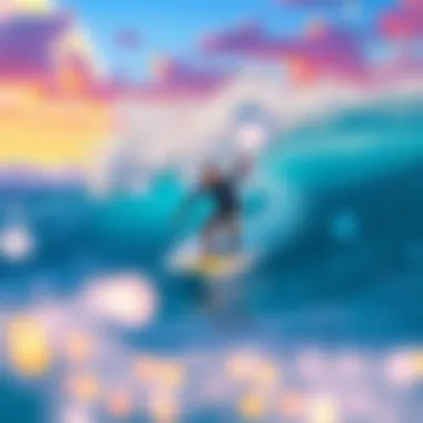 Virtual Wave Riding Experience A vibrant illustration of a surfer riding a virtual wave in an immersive gaming environment