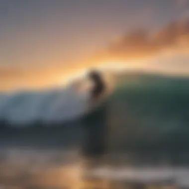 A surfer riding a wave during sunset