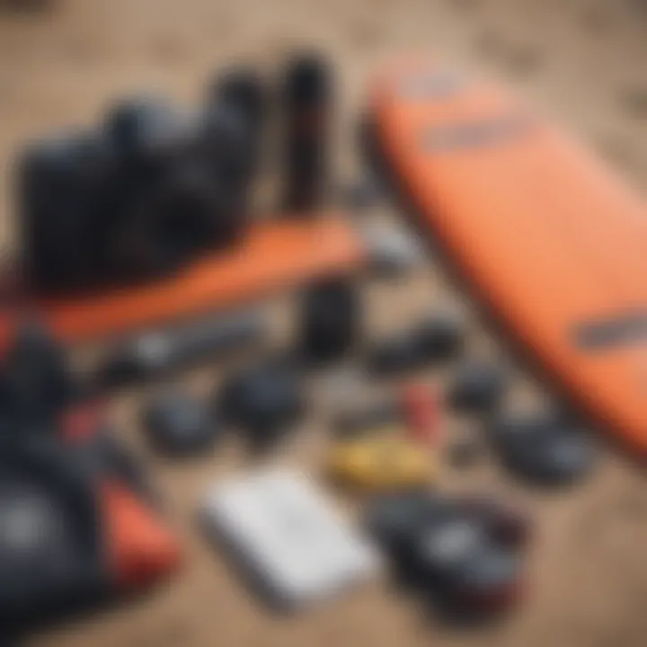 Equipment laid out for a surfing session