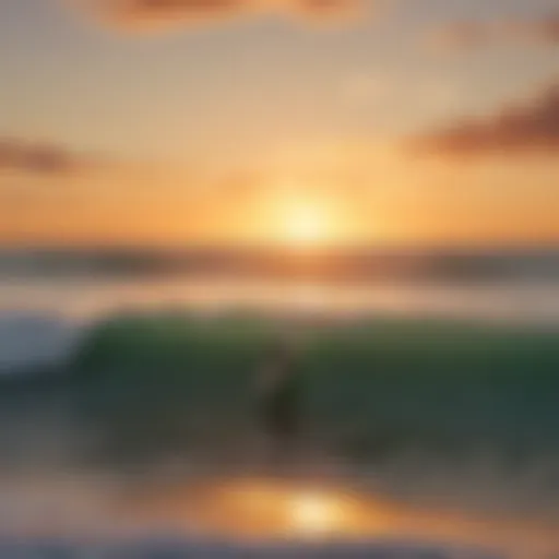 Panoramic view of a vibrant Florida beach at sunset with surfers catching waves