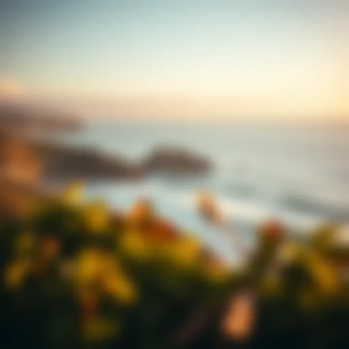 A serene coastal landscape illustrating surfing and sailing spots