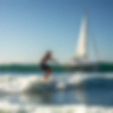 Harmony of Surfing and Sailing A surfer riding a wave with a sailboat in the background