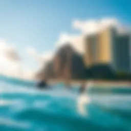 A breathtaking view of Waikiki Beach with surfers enjoying the waves