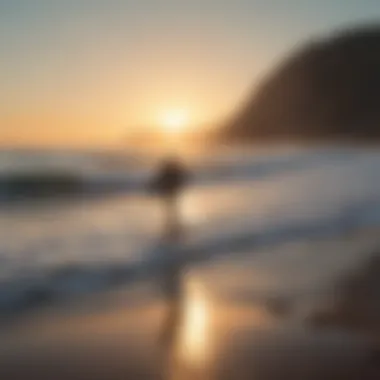 A stunning sunrise over the ocean with surfers paddling out