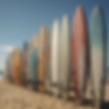 A close-up of surfboards lined up on the beach, emphasizing the diverse gear used by surfers.