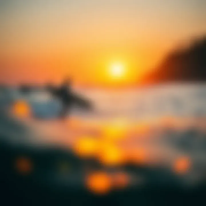 Surfers riding the waves at Steamer Lane during sunset