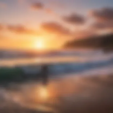 Sunset at Surfline Beach with surfers in the water