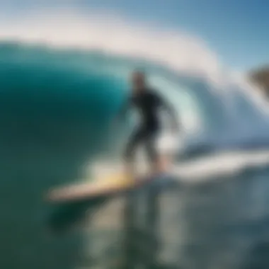 Surfers riding Surftech longboards in diverse ocean conditions.