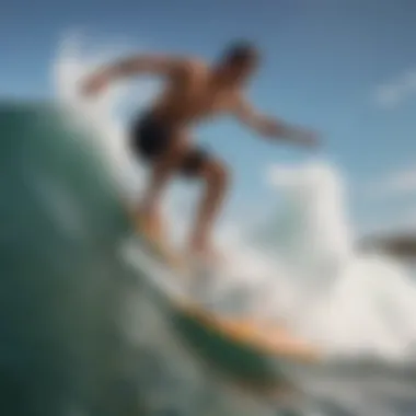 Skilful Skimboarding Tricks on Waves A skilled skimboarder performing tricks on a wave