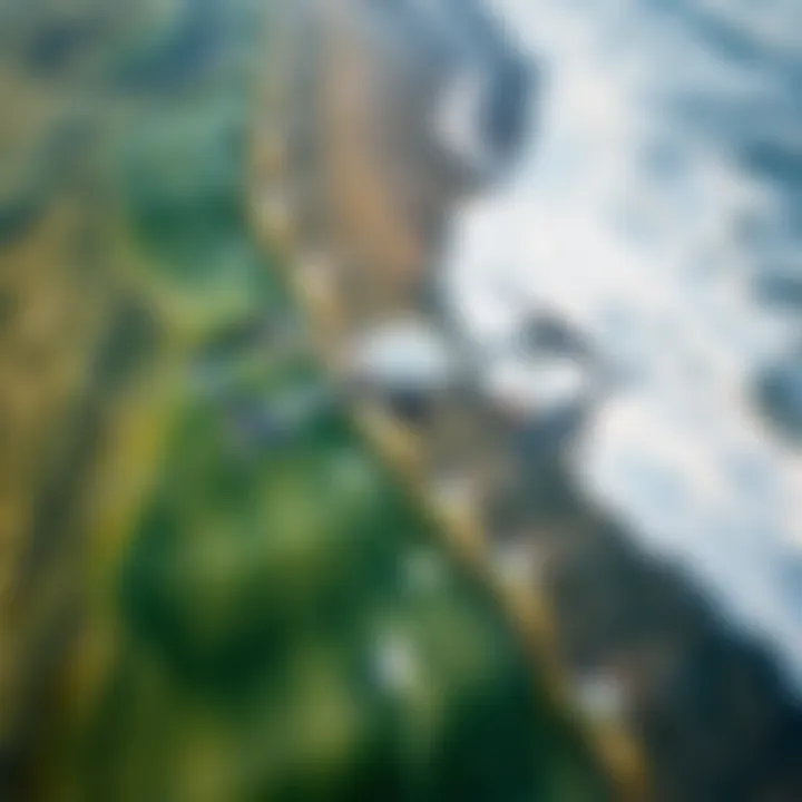 An aerial view of a surf fishing spot with a drone in action