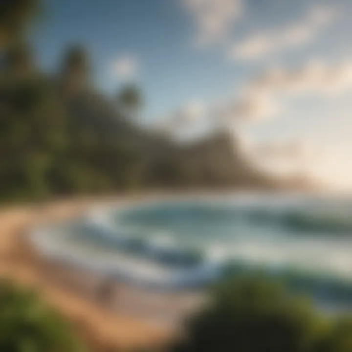 Lush greenery surrounding the sandy shores of Laniakea Beach, with surfers catching waves in the distance.